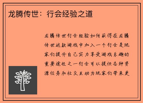 龙腾传世：行会经验之道